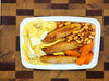 Pork Sausage with Baked Beans, Mashed Potatoes, and Carrots